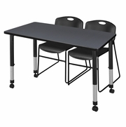 48 X 30 IN. MOBILE ADJUSTABLE CLASSROOM TABLE- GREY & 2 STACK CHAIRS- BLACK <FONT COLOR=GREEN>-FREE SHIPPING-</FONT>