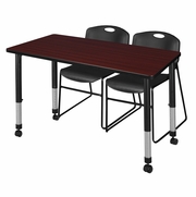48 X 30 IN. MOBILE ADJUSTABLE CLASSROOM TABLE- MAHOGANY & 2 STACK CHAIRS- BLACK <FONT COLOR=GREEN>-FREE SHIPPING-</FONT>