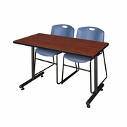 48 X 30 IN. T-BASE TRAINING SEMINAR TABLE- CHERRY, 2 STACK CHAIRS- BLUE <FONT COLOR=GREEN>-FREE SHIPPING-</FONT>