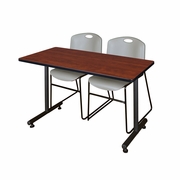 48 X 30 IN. T-BASE TRAINING SEMINAR TABLE- CHERRY, 2 STACK CHAIRS- GREY <FONT COLOR=GREEN>-FREE SHIPPING-</FONT>