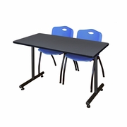 48 X 30 IN. T-BASE TRAINING SEMINAR TABLE- GREY, 2 M STACK CHAIRS- BLUE <FONT COLOR=GREEN>-FREE SHIPPING-</FONT>