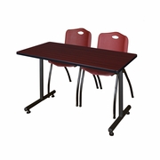 48 X 30 IN. T-BASE TRAINING SEMINAR TABLE- MAHOGANY, 2 M STACK CHAIRS- BURGUNDY <FONT COLOR=GREEN>-FREE SHIPPING-</FONT>