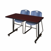 48 X 30 IN. T-BASE TRAINING SEMINAR TABLE- MAHOGANY, 2 STACK CHAIRS- BLUE <FONT COLOR=GREEN>-FREE SHIPPING-</FONT>