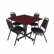 48 X 48 IN. SQUARE BREAKROOM TABLE- MAHOGANY, 4 RESTAURANT STACK CHAIRS- BLACK <FONT COLOR=GREEN>-FREE SHIPPING-</FONT>