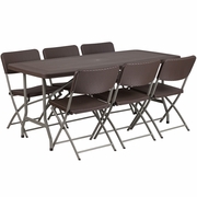 5.62-FOOT BROWN RATTAN INDOOR-OUTDOOR PLASTIC FOLDING TABLE SET WITH 6 CHAIRS: <font color=green>FREE SHIPPING!</font>