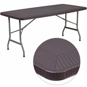 5.62-FOOT BROWN RATTAN INDOOR-OUTDOOR PLASTIC FOLDING TABLE WITH UMBRELLA HOLE: <font color=green>FREE SHIPPING!</font>