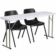 5-FOOT PLASTIC FOLDING TRAINING TABLE SET WITH 2 BLACK PLASTIC STACK CHAIRS: <font color=green>FREE SHIPPING!</font>