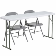 5-FOOT PLASTIC FOLDING TRAINING TABLE SET WITH 2 GRAY METAL FOLDING CHAIRS <font color=green>FREE SHIPPING!</font>