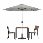 5 PIECE ALL-WEATHER DECK OR PATIO SET WITH 2 STACKING FAUX TEAK CHAIRS, 35" SQUARE FAUX TEAK TABLE, GRAY UMBRELLA & BASE <font color=green>FREE SHIPPING!</font>