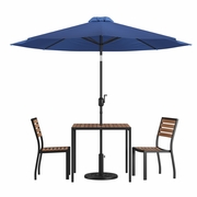 5 PIECE ALL-WEATHER DECK OR PATIO SET WITH 2 STACKING FAUX TEAK CHAIRS, 35" SQUARE FAUX TEAK TABLE, NAVY UMBRELLA & BASE <font color=green>FREE SHIPPING!</font>