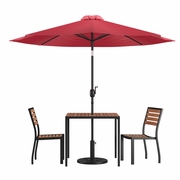 5 PIECE ALL-WEATHER DECK OR PATIO SET WITH 2 STACKING FAUX TEAK CHAIRS, 35" SQUARE FAUX TEAK TABLE, RED UMBRELLA & BASE <font color=green>FREE SHIPPING!</font>
