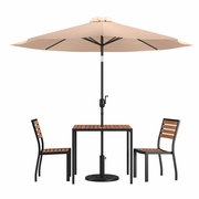 5 PIECE ALL-WEATHER DECK OR PATIO SET WITH 2 STACKING FAUX TEAK CHAIRS, 35" SQUARE FAUX TEAK TABLE, TAN UMBRELLA & BASE <font color=green>FREE SHIPPING!</font>