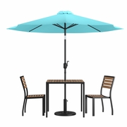 5 PIECE ALL-WEATHER DECK OR PATIO SET WITH 2 STACKING FAUX TEAK CHAIRS, 35" SQUARE FAUX TEAK TABLE, TEAL UMBRELLA & BASE <font color=green>FREE SHIPPING!</font>