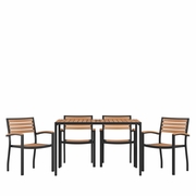 5 PIECE OUTDOOR DINING TABLE SET - SYNTHETIC TEAK POLY SLATS - 30" X 48" STEEL FRAMED TABLE WITH UMBRELLA HOLE - 4 CLUB CHAIRS <font color=green>FREE SHIPPING!</font>