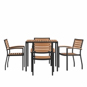 5 PIECE OUTDOOR DINING TABLE SET - SYNTHETIC TEAK POLY SLATS - 35" SQUARE STEEL FRAMED TABLE WITH UMBRELLA HOLE - 4 CLUB CHAIRS <font color=green>FREE SHIPPING!</font>