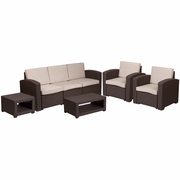 5 PIECE OUTDOOR FAUX RATTAN CHAIR, SOFA AND TABLE SET IN CHOCOLATE BROWN: <font color=green>FREE SHIPPING!</font>