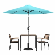5 PIECE OUTDOOR PATIO DINING TABLE SET WITH 2 SYNTHETIC TEAK STACKABLE CHAIRS, 36" SQUARE TABLE, TEAL UMBRELLA & BASE <font color=green>FREE SHIPPING!</font>