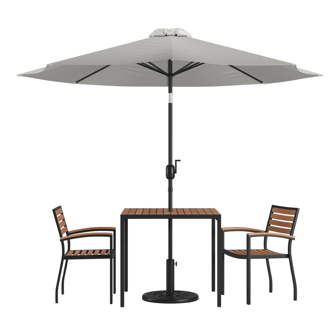 5 PIECE OUTDOOR PATIO TABLE SET WITH 2 SYNTHETIC TEAK STACKABLE CHAIRS, 35" SQUARE TABLE, GRAY UMBRELLA & BASE <font color=green>FREE SHIPPING!</font> 5 PIECE OUTDOOR PATIO TABLE SET WITH 2 SYNTHETIC TEAK STACKABLE CHAIRS, 35" SQUARE TABLE, GRAY UMBRELLA & BASE <font color=green>FREE SHIPPING!</font>