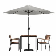 5 PIECE OUTDOOR PATIO TABLE SET WITH 2 SYNTHETIC TEAK STACKABLE CHAIRS, 35" SQUARE TABLE, GRAY UMBRELLA & BASE <font color=green>FREE SHIPPING!</font>