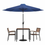 5 PIECE OUTDOOR PATIO TABLE SET WITH 2 SYNTHETIC TEAK STACKABLE CHAIRS, 35" SQUARE TABLE, NAVY UMBRELLA & BASE <font color=green>FREE SHIPPING!</font>