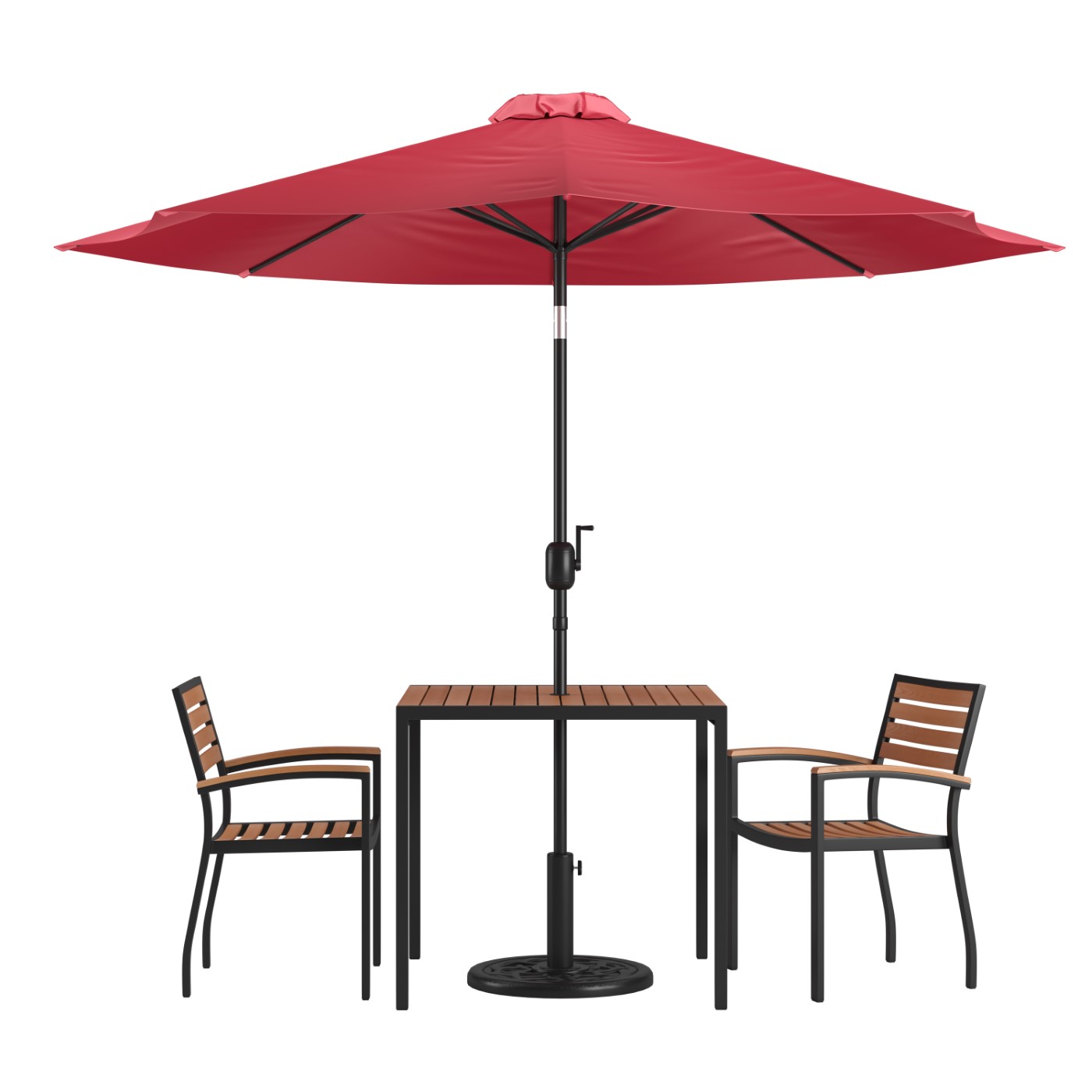 5 PIECE OUTDOOR PATIO TABLE SET WITH 2 SYNTHETIC TEAK STACKABLE CHAIRS, 35" SQUARE TABLE, RED UMBRELLA & BASE <font color=green>FREE SHIPPING!</font> 5 PIECE OUTDOOR PATIO TABLE SET WITH 2 SYNTHETIC TEAK STACKABLE CHAIRS, 35" SQUARE TABLE, RED UMBRELLA & BASE <font color=green>FREE SHIPPING!</font>