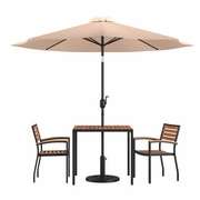 5 PIECE OUTDOOR PATIO TABLE SET WITH 2 SYNTHETIC TEAK STACKABLE CHAIRS, 35" SQUARE TABLE, TAN UMBRELLA & BASE <font color=green>FREE SHIPPING!</font>