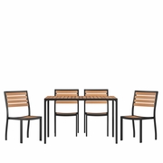 5 PIECE PATIO TABLE SET - SYNTHETIC TEAK POLY SLATS - 30" X 48" STEEL FRAMED TABLE WITH 4 STACKABLE FAUX TEAK CHAIRS <font color=green>FREE SHIPPING!</font>