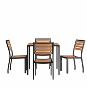 5 PIECE PATIO TABLE SET - SYNTHETIC TEAK POLY SLATS - 35" SQUARE STEEL FRAMED TABLE WITH 4 STACKABLE FAUX TEAK CHAIRS <font color=green>FREE SHIPPING!</font>