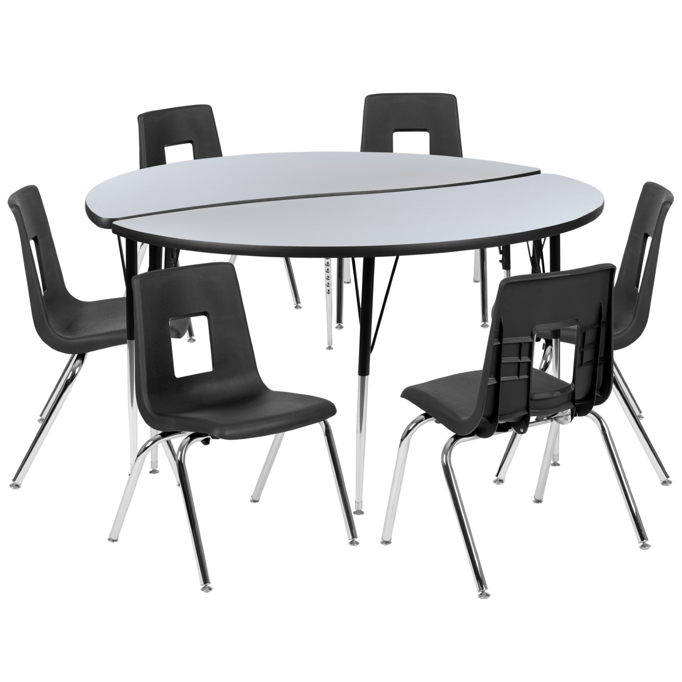 60" CIRCLE WAVE FLEXIBLE LAMINATE ACTIVITY TABLE SET WITH 18" STUDENT STACK CHAIRS, GREY/BLACK <font color=green>FREE SHIPPING!</font> 60" CIRCLE WAVE FLEXIBLE LAMINATE ACTIVITY TABLE SET WITH 18" STUDENT STACK CHAIRS, GREY/BLACK <font color=green>FREE SHIPPING!</font>