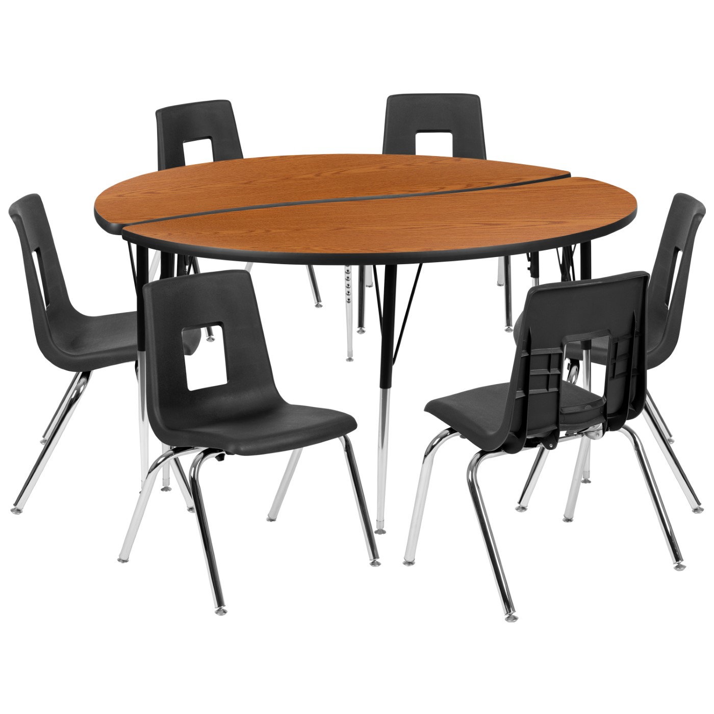 60" CIRCLE WAVE FLEXIBLE LAMINATE ACTIVITY TABLE SET WITH 18" STUDENT STACK CHAIRS, OAK/BLACK <font color=green>FREE SHIPPING!</font> 60" CIRCLE WAVE FLEXIBLE LAMINATE ACTIVITY TABLE SET WITH 18" STUDENT STACK CHAIRS, OAK/BLACK <font color=green>FREE SHIPPING!</font>