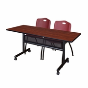 60 X 24 IN. FLIP-TOP PRIVACY NESTING TABLE- CHERRY, 2 M STACK CHAIRS- BURGUNDY <FONT COLOR=GREEN>-FREE SHIPPING-</FONT>