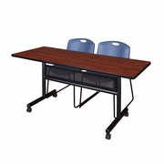 60 X 24 IN. FLIP-TOP PRIVACY NESTING TABLE- CHERRY, 2 STACK CHAIRS- BLUE <FONT COLOR=GREEN>-FREE SHIPPING-</FONT>