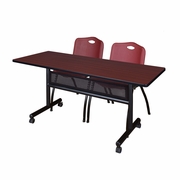 60 X 24 IN. FLIP-TOP PRIVACY NESTING TABLE- MAHOGANY, 2 M STACK CHAIRS- BURGUNDY <FONT COLOR=GREEN>-FREE SHIPPING-</FONT>