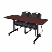 60 X 24 IN. FLIP-TOP PRIVACY NESTING TABLE- MAHOGANY, 2 STACK CHAIRS- BLACK <FONT COLOR=GREEN>-FREE SHIPPING-</FONT>