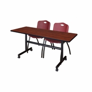 60 X 24 IN. FLIP-TOP TRAINING NESTING TABLE- CHERRY, 2 M STACK CHAIRS- BURGUNDY <FONT COLOR=GREEN>-FREE SHIPPING-</FONT>