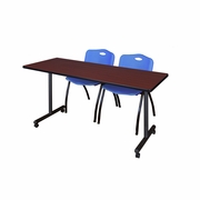 60 X 24 IN. MOBILE T-BASE TRAINING TABLE- MAHOGANY, 2 M STACK CHAIRS- BLUE <FONT COLOR=GREEN>-FREE SHIPPING-</FONT>