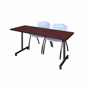 60 X 24 IN. MOBILE T-BASE TRAINING TABLE- MAHOGANY, 2 M STACK CHAIRS- GREY <FONT COLOR=GREEN>-FREE SHIPPING-</FONT>