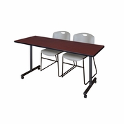 60 X 24 IN. MOBILE T-BASE TRAINING TABLE- MAHOGANY, 2 STACK CHAIRS- GREY <FONT COLOR=GREEN>-FREE SHIPPING-</FONT>