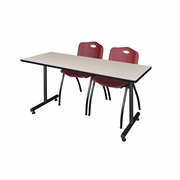 60 X 24 IN. T-BASE TRAINING SEMINAR TABLE- MAPLE, 2 M STACK CHAIRS- BURGUNDY <FONT COLOR=GREEN>-FREE SHIPPING-</FONT>
