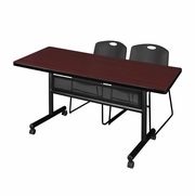 60 X 30 IN. FLIP-TOP PRIVACY NESTING TABLE- MAHOGANY, 2 STACK CHAIRS- BLACK <FONT COLOR=GREEN>-FREE SHIPPING-</FONT>