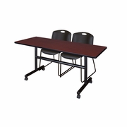 60 X 30 IN. FLIP-TOP TRAINING NESTING TABLE- MAHOGANY, 2 STACK CHAIRS- BLACK <FONT COLOR=GREEN>-FREE SHIPPING-</FONT>
