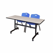 60 X 30 IN. FLIP-TOP TRAINING NESTING TABLE- MAPLE, 2 M STACK CHAIRS- BLUE <FONT COLOR=GREEN>-FREE SHIPPING-</FONT>