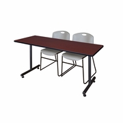 60 X 30 IN. T-BASE TRAINING SEMINAR TABLE- MAHOGANY, 2 STACK CHAIRS- GREY <FONT COLOR=GREEN>-FREE SHIPPING-</FONT>