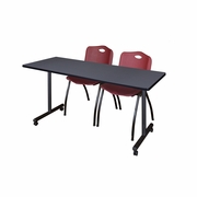 66 X 24 IN. MOBILE T-BASE TRAINING TABLE- GREY, 2 M STACK CHAIRS- BURGUNDY <FONT COLOR=GREEN>-FREE SHIPPING-</FONT>