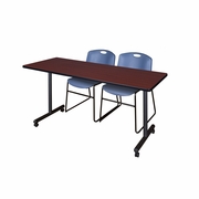 66 X 24 IN. MOBILE T-BASE TRAINING TABLE- MAHOGANY, 2 M STACK CHAIRS- BLUE <FONT COLOR=GREEN>-FREE SHIPPING-</FONT>