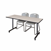 66 X 24 IN. MOBILE T-BASE TRAINING TABLE- MAPLE, 2 STACK CHAIRS- GREY <FONT COLOR=GREEN>-FREE SHIPPING-</FONT>