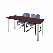 66 X 24 IN. TRAINING TABLE- MAHOGANY TOP, CHROME LEGS & 2 CHAIRS- BLUE <FONT COLOR=GREEN>-FREE SHIPPING-</FONT>