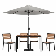 7 PIECE ALL-WEATHER DECK OR PATIO SET WITH 4 STACKING FAUX TEAK CHAIRS, 30" X 48" FAUX TEAK TABLE, GRAY UMBRELLA & BASE <font color=green>FREE SHIPPING!</font>