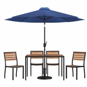 7 PIECE ALL-WEATHER DECK OR PATIO SET WITH 4 STACKING FAUX TEAK CHAIRS, 30" X 48" FAUX TEAK TABLE, NAVY UMBRELLA & BASE <font color=green>FREE SHIPPING!</font>