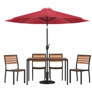 7 PIECE ALL-WEATHER DECK OR PATIO SET WITH 4 STACKING FAUX TEAK CHAIRS, 30" X 48" FAUX TEAK TABLE, RED UMBRELLA & BASE <font color=green>FREE SHIPPING!</font>